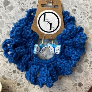 Handmade Blue Crochet Scrunchie & Matching Butterfly Earrings Set